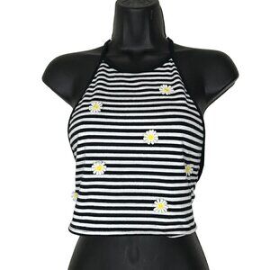 ALMOST Famous Black & White Stripped With Daisies Halter Top Size S